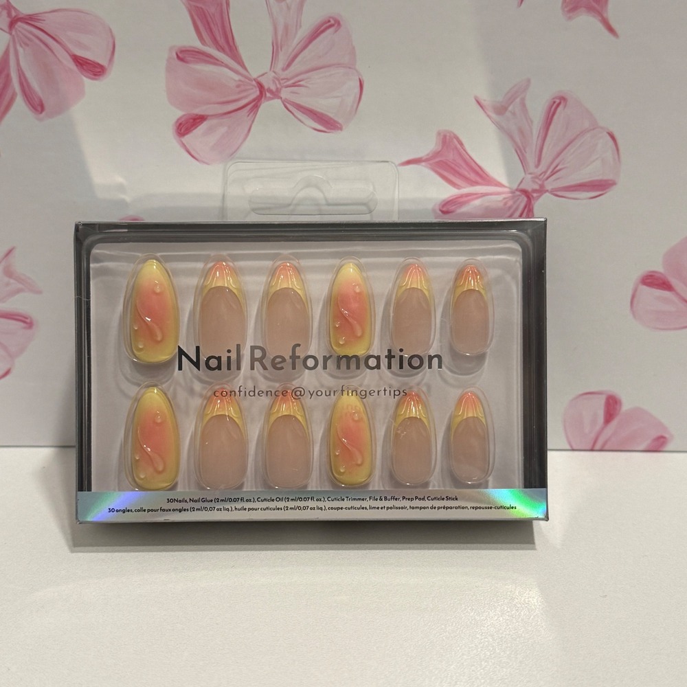 Nail Reformation Press On Nail Kit Sunset Yellow Pink 3D Water Drop Almond